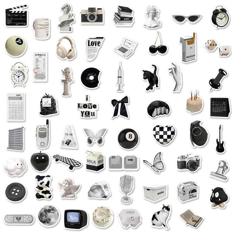 61-piece black and white waterproof PVC sticker set for laptops, phones, and luggage.
