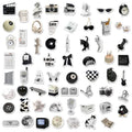 61-piece black and white waterproof PVC sticker set for laptops, phones, and luggage.