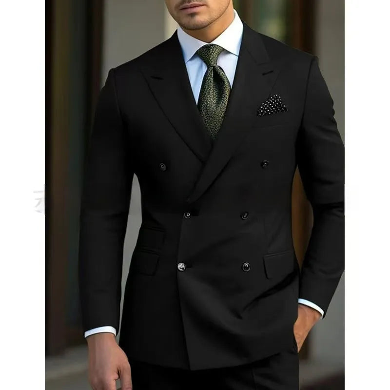 Men's light business two-piece suit in a cotton blend fabric, shown in navy blue.
