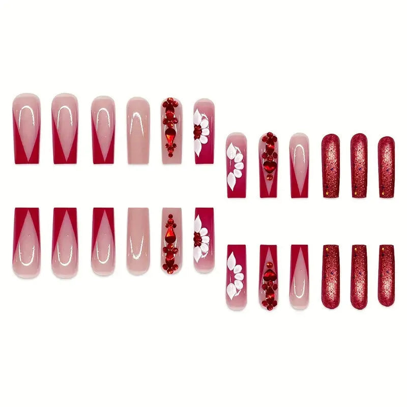 Sweet Flowers pattern removable false nails with red diamond accents in Long European Square shape.