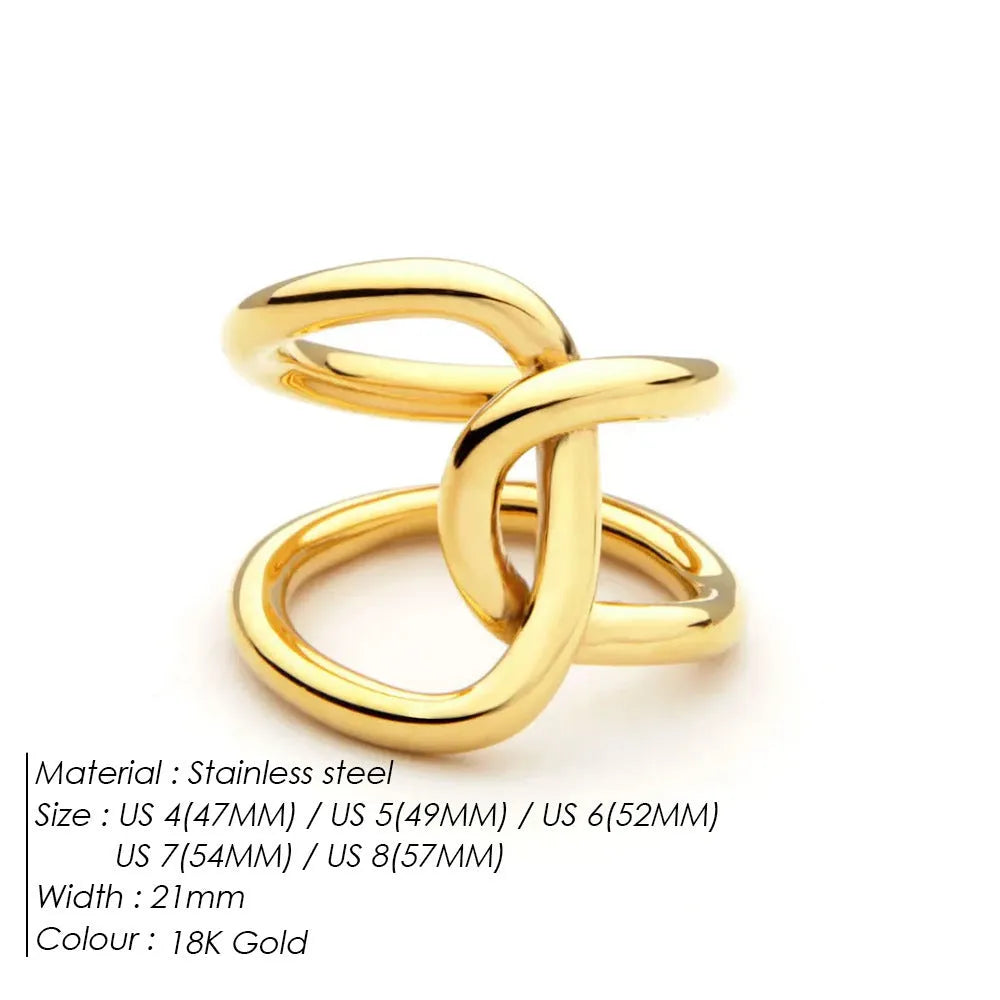 Adjustable opening ring with knotted geometric design in stainless steel gold or steel colour