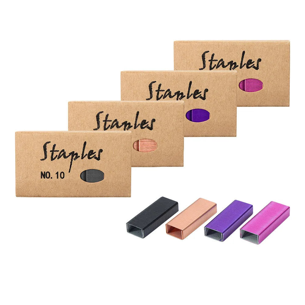 Open box showing 1000 metal staples in a choice of black, purple, rose gold, or rose red colours