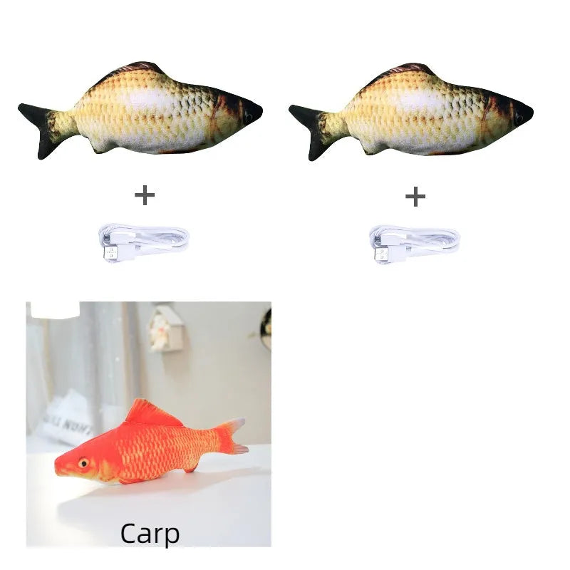 Electric jumping fish simulation cat toy showing multicolor options and USB charging cable.