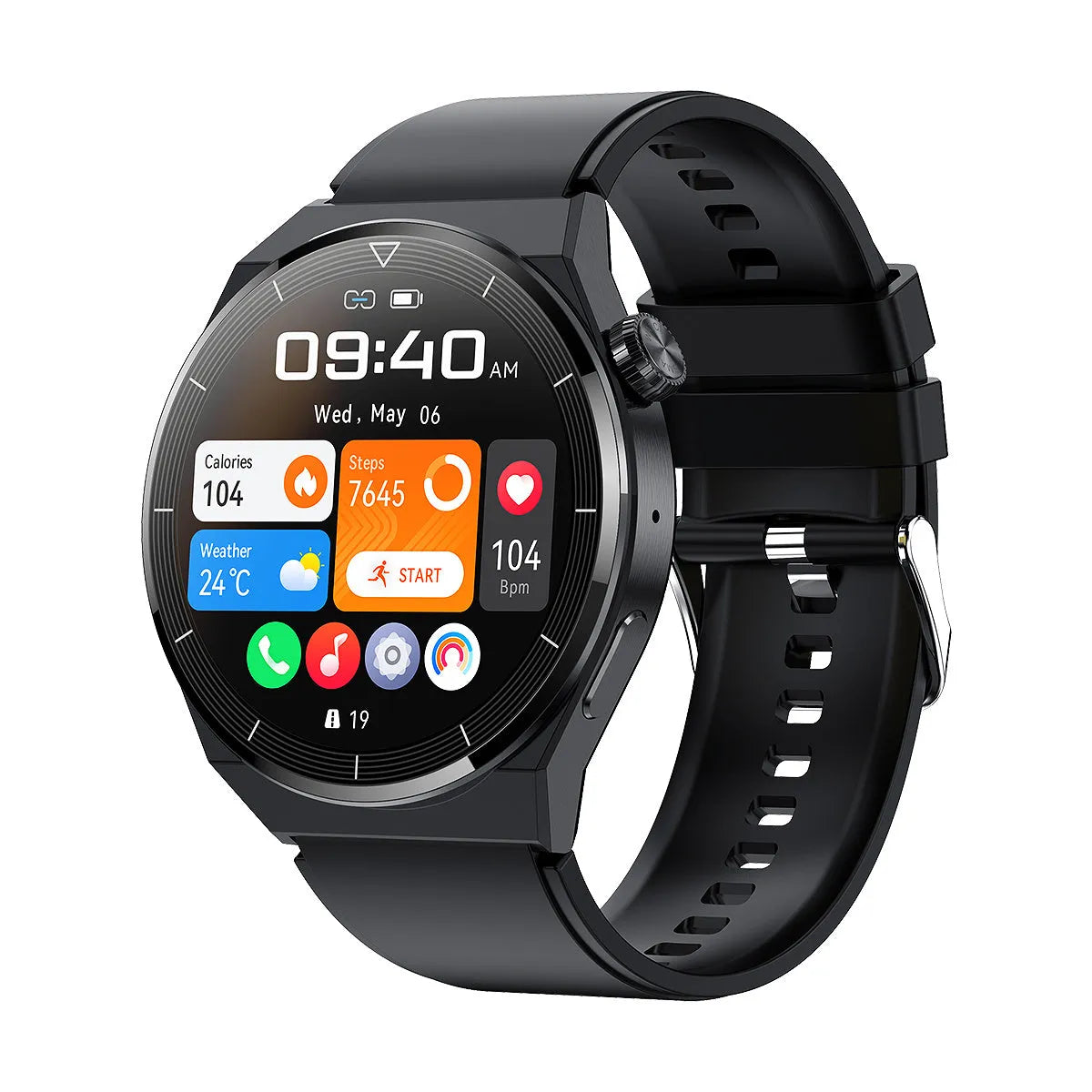 Round Bluetooth smart watch with NFC and calling functions on silicone band