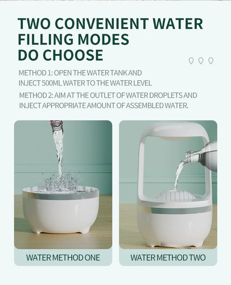 White anti-gravity water droplet humidifier with aromatherapy function on a desk.