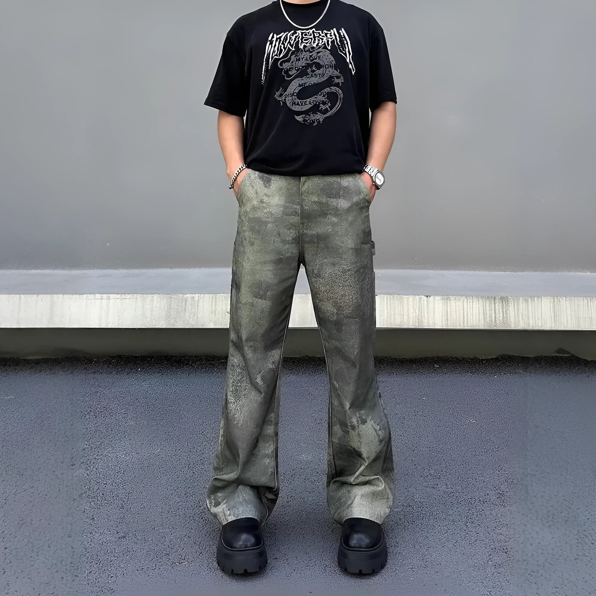 Men's retro digital camouflage jeans in straight cut denim trousers with cotton composition