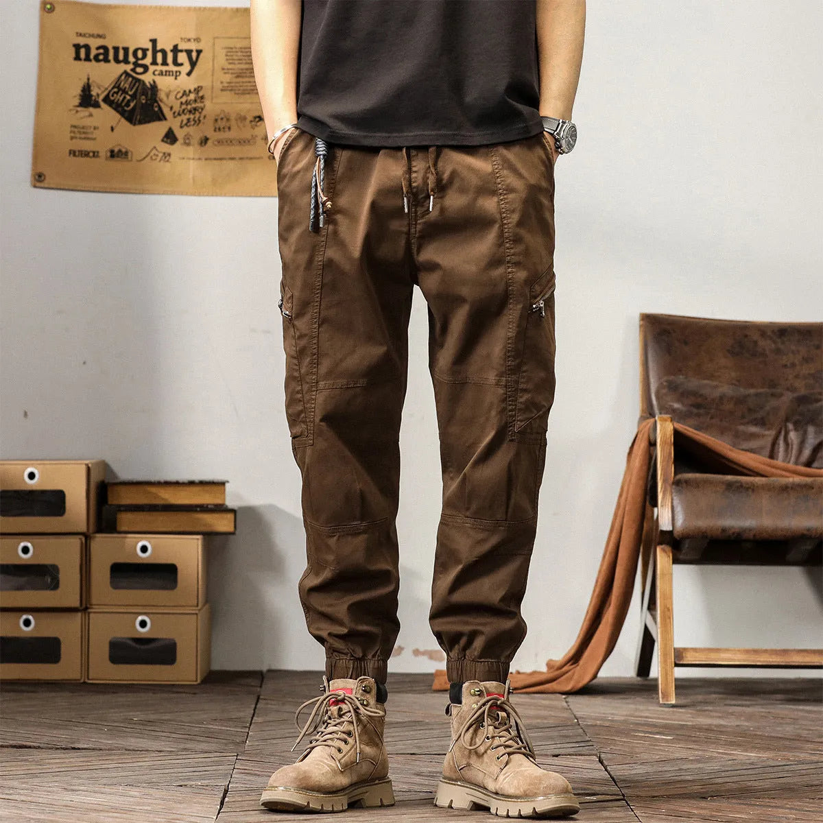 Men's loose cotton harem style trousers with tapered ankle banding in khaki colour