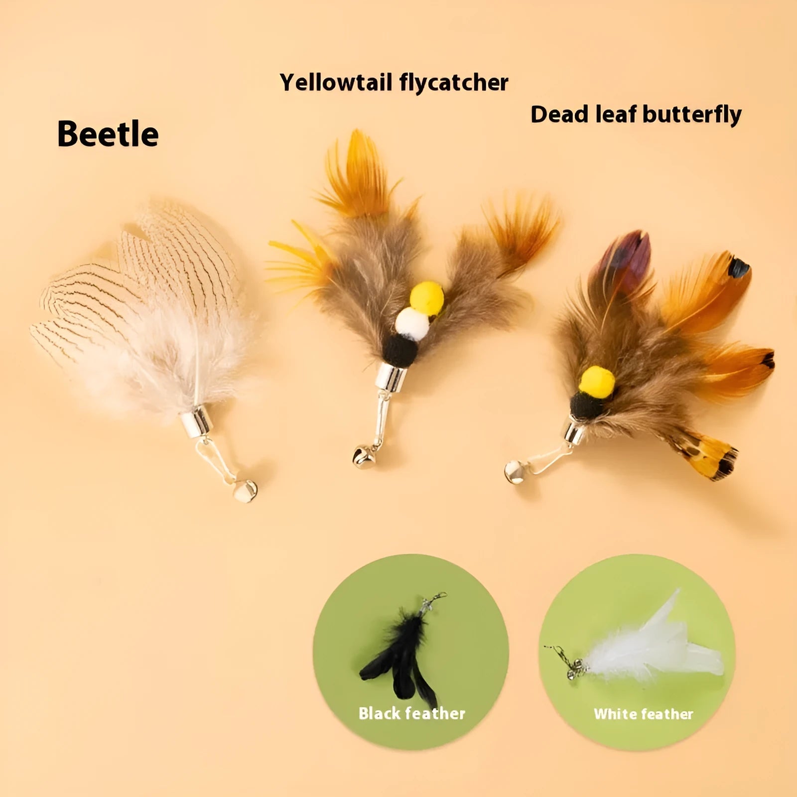 Steel wire cat toy with three small flying insects replacement heads