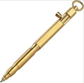 Solid brass tactical pen with hexagonal bolt design in vintage machine gun style on black background.