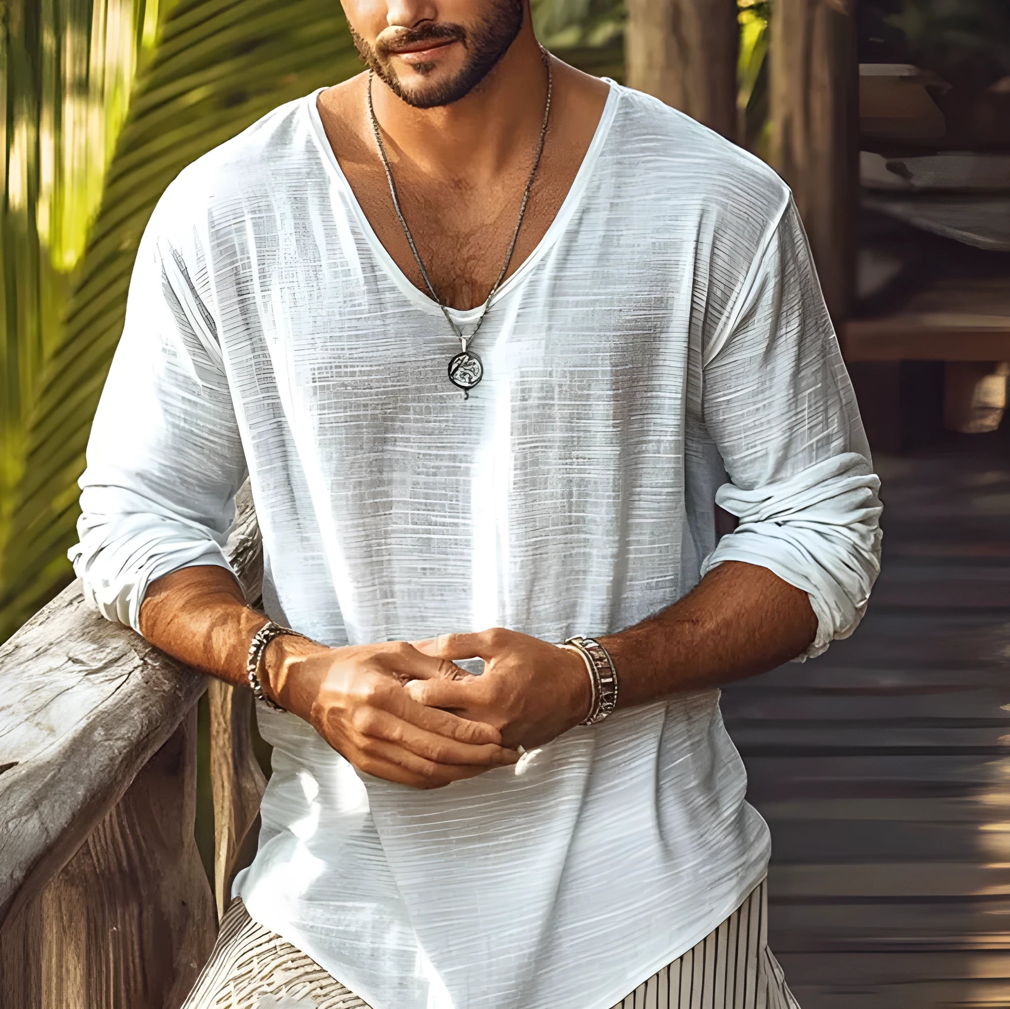 Beige long-sleeved T-shirt with V-neck collar and slim fit design