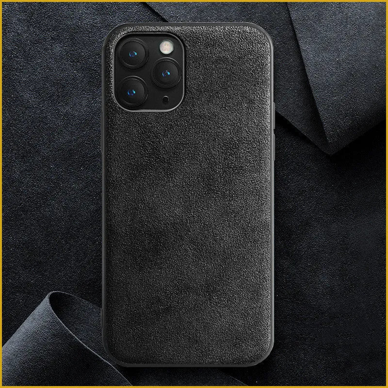 Suede iPhone case in dark blue colour showing full-cover design on an iPhone model.