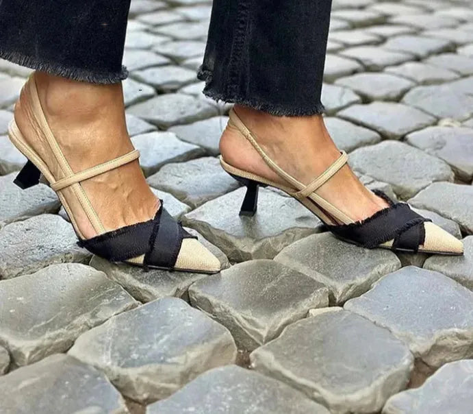 Women's apricot black colour block pointed sandals with stiletto heels and buckle fastening.
