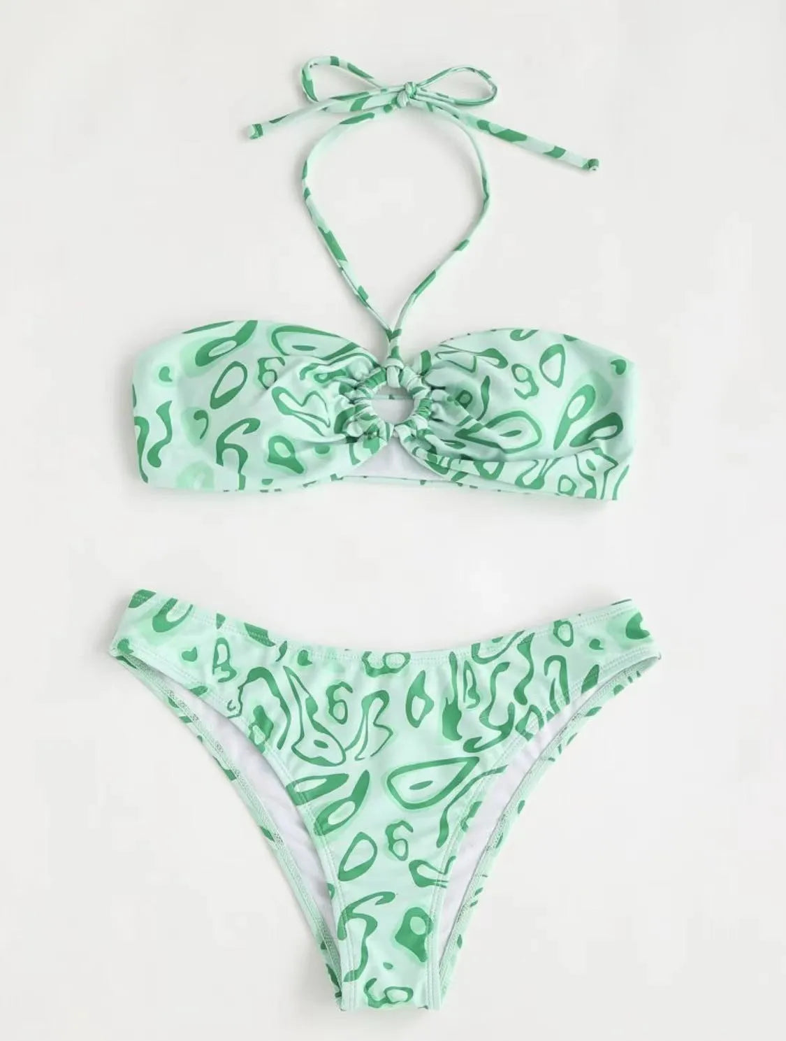 Women's floral bandeau bikini swimsuit set in blue colour with split design