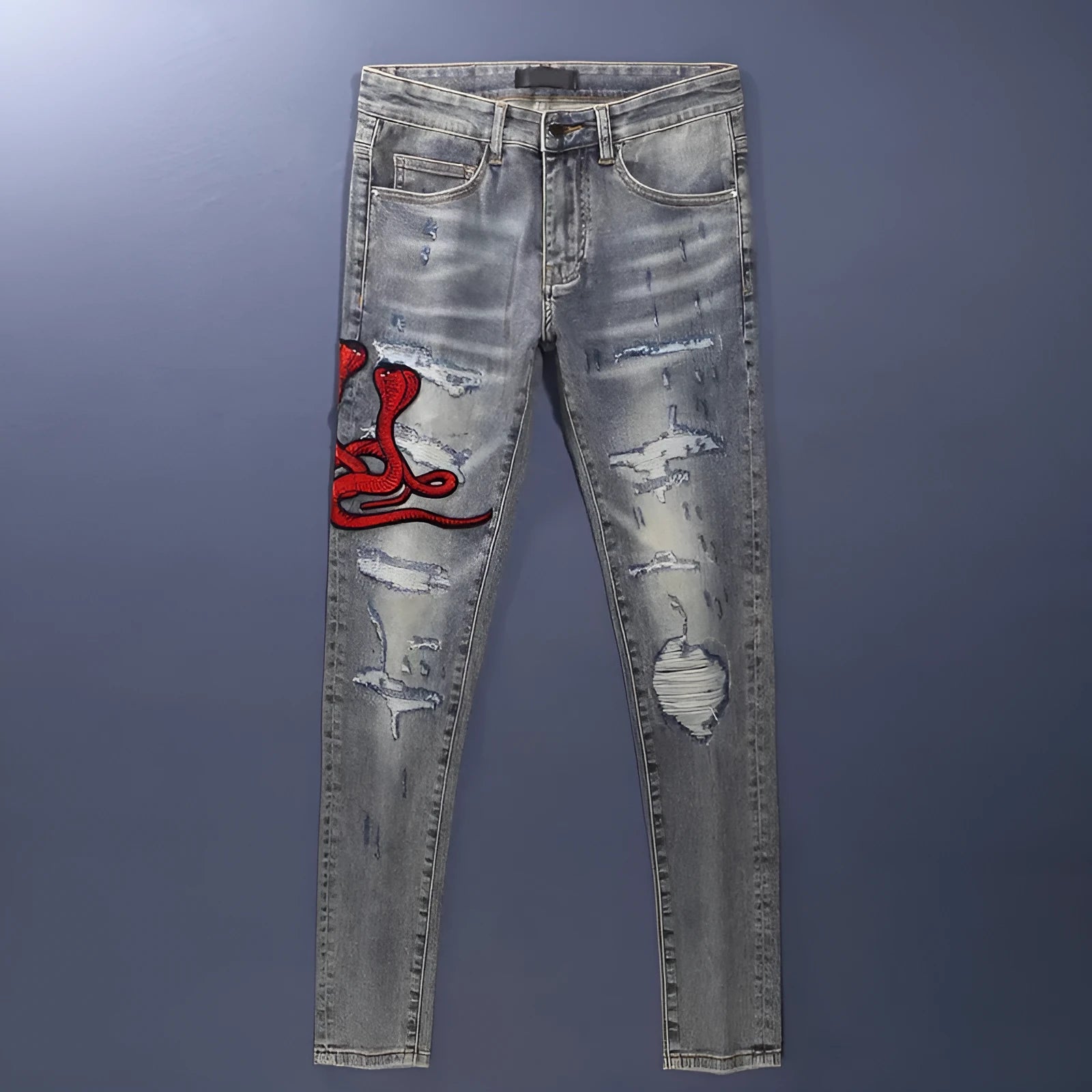 Men's slim fit jeans with distressed patches in washed-out old colour, showing front and back views