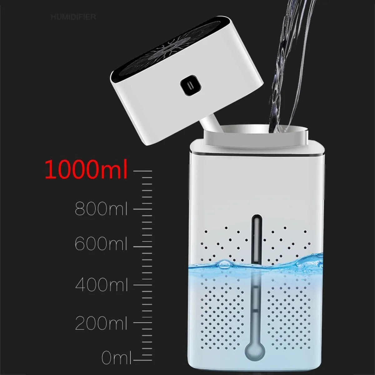 Black or white USB desktop humidifier 103mm wide 218mm high with 1000ml tank