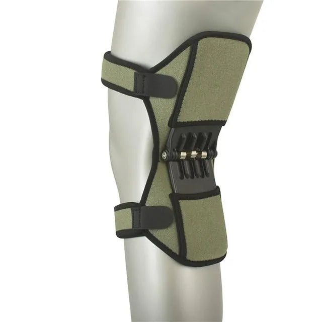 Adjustable spring knee brace support for patella, shown in black colour.