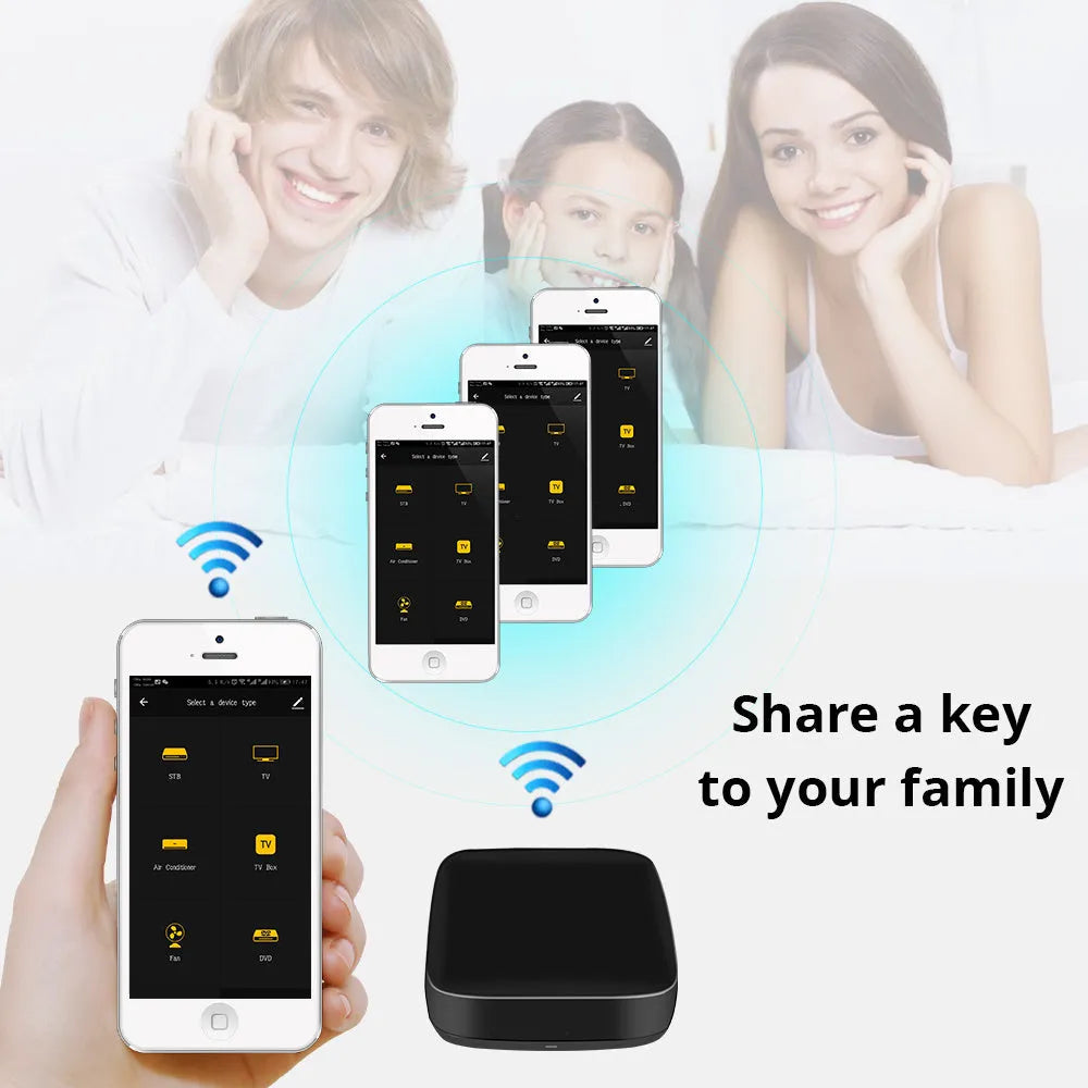 Black voice control universal infrared remote control with WiFi connectivity for home automation
