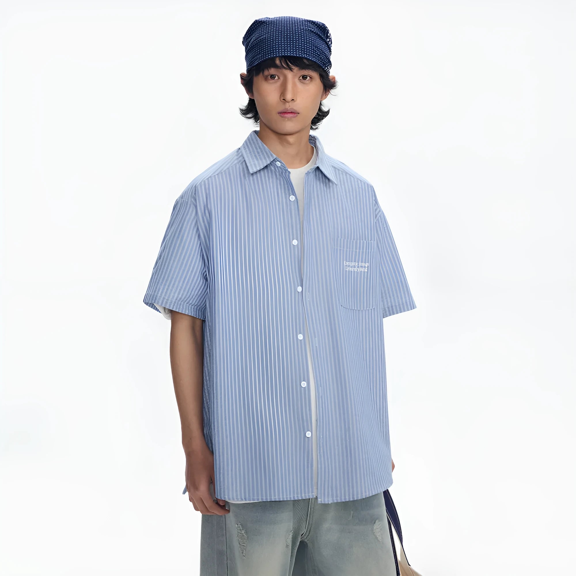 Blue and white striped loose-fit short-sleeved cardigan shirt for men and women