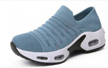 Plus size women's and men's stretch knit sock shoes in dark blue with fly-knit mesh upper.