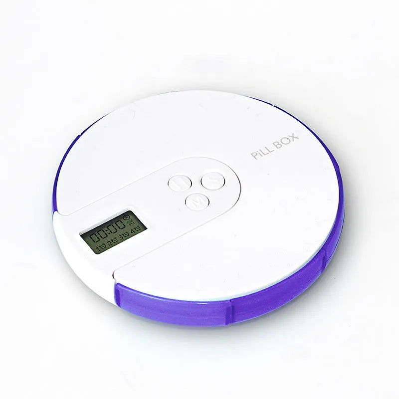 7-compartment alarm clock pill dispenser in multiple colours showing timer display and medication storage