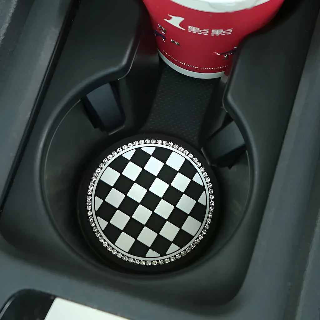 Black and white checkerboard PVC car cup holder insert mat for centre console