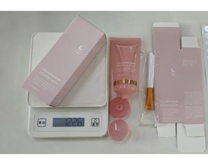 Collagen night face mask bottle with applicator brush for firming and hydration