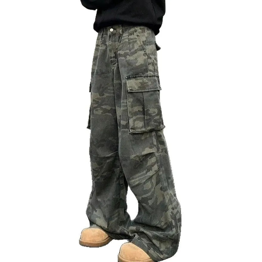 Korean style washed camouflage cargo pants with multiple pockets and mid waist design