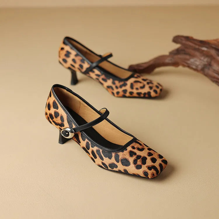 Women's black square toe stiletto heels with horse hair upper and ankle strap buckle.