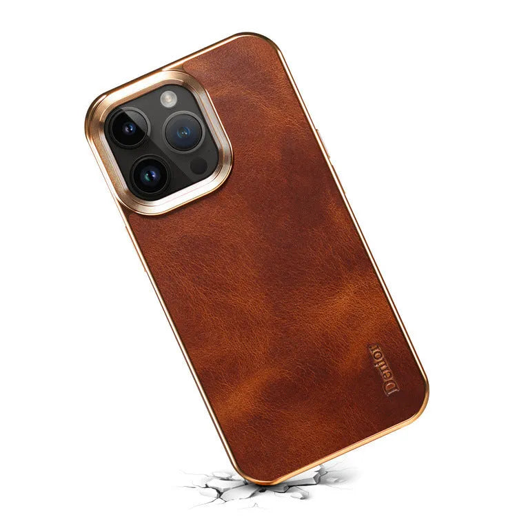 Handmade vintage leather iPhone case in black showing slim profile and precise port openings