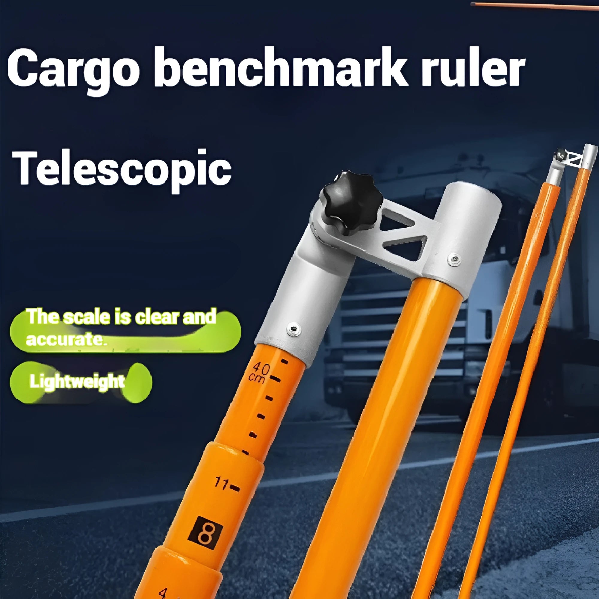 Telescopic cargo truck height measuring rod extended vertically showing printed height scale.