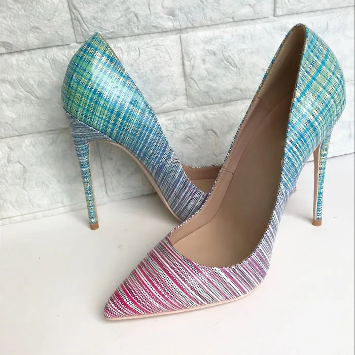 Women's pink blue gradient patent leather pointed toe high heels with a choice of heel heights on a rubber sole.