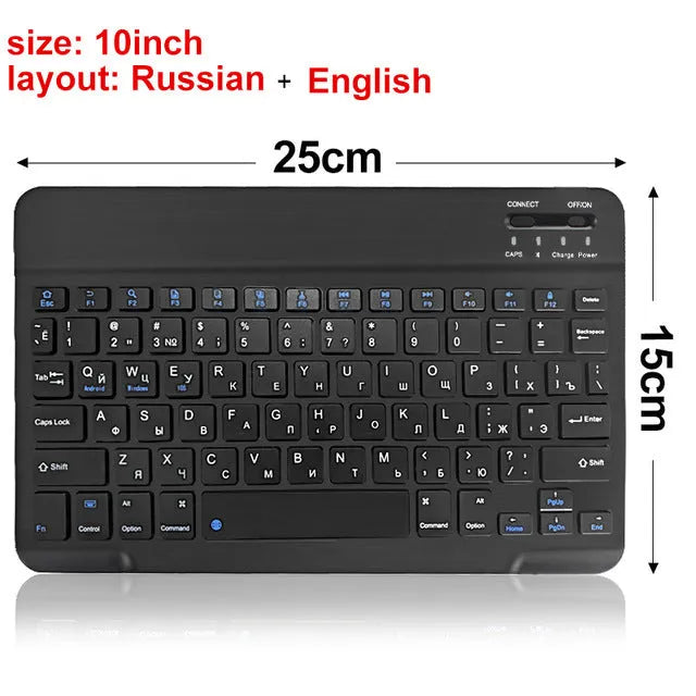 Black mini Bluetooth wireless keyboard next to 10-inch tablet showing wireless connection