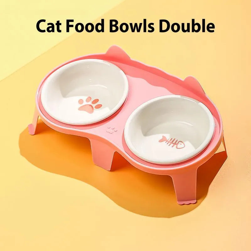 Ceramic cat food and water bowl set on elevated tilted ABS plastic stand in blue colour