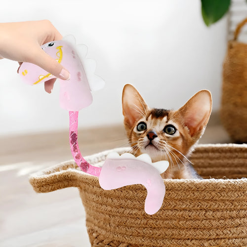 Four different cat chew toys including rope, spring, and plush kicker types in pink, purple, or yellow colours