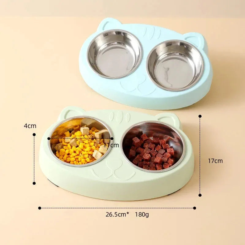 Blue macaron-shaped plastic pet feeder with two bowls for cat and dog feeding