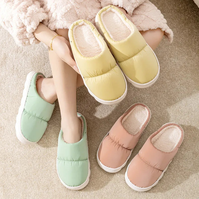Down cotton plush slippers with thick rubber soles in blue, green, grey, pink, or yellow colours