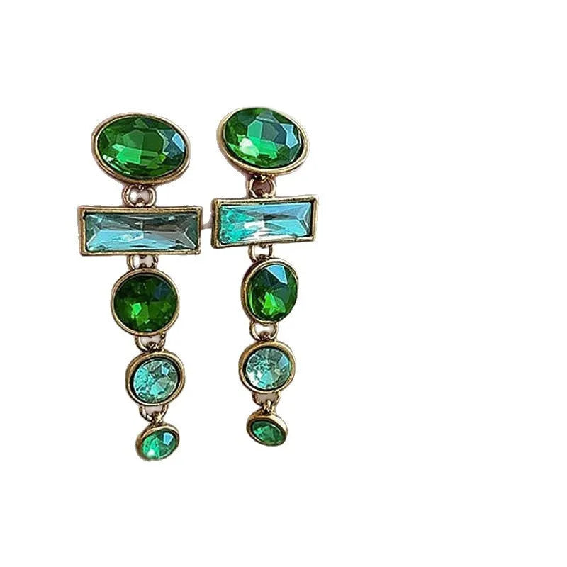 Green gradient geometric earrings with tassels and inlaid zircon detailing, Chinese-style alloy dangle earrings for women.