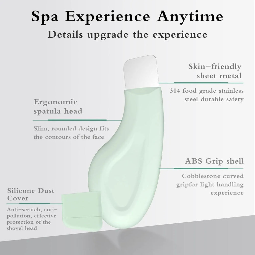 Stainless steel blackhead scraper tool with a non-slip handle for facial pore cleansing.