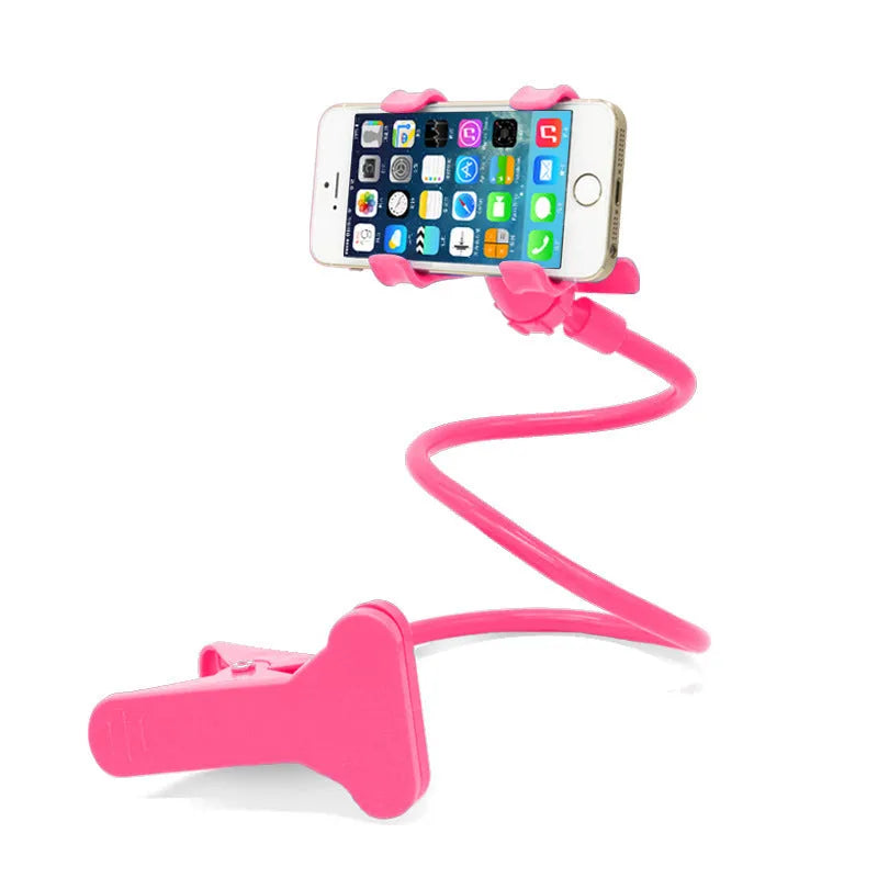 Black portable phone holder with a long 70cm flexible arm and a V-shaped clip mounted on a bed frame.