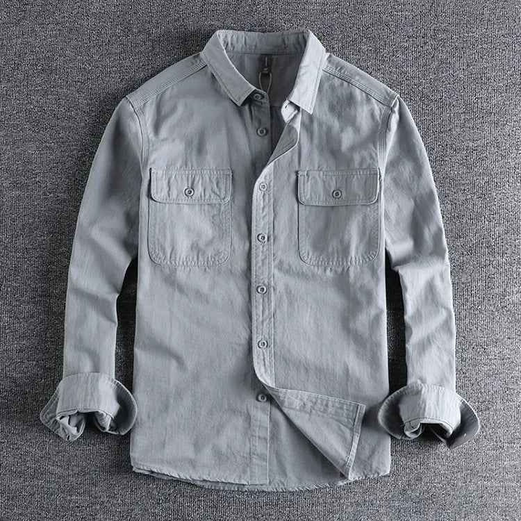 Men's loose fit long sleeve cardigan shirt in light grey, black, khaki or green.