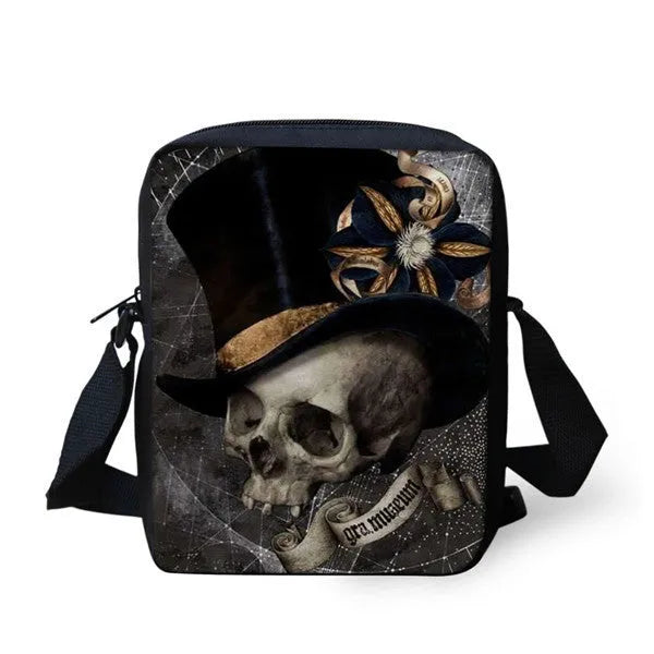 Children's skull print messenger bag with double straps and 20-35 litre capacity