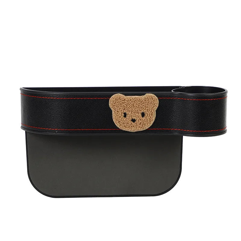 Leather car seat gap storage box with cartoon bear design for vehicle interior organisation
