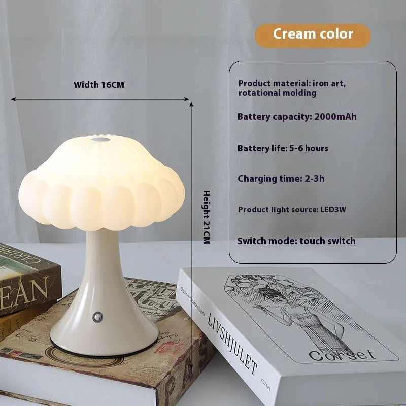 Mushroom-shaped touch lamp with USB charging in wood grain colour