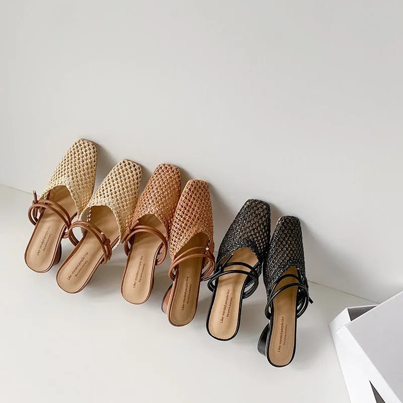 Women's French-style square toe outdoor slippers with hollow-out design and chunky retro heel