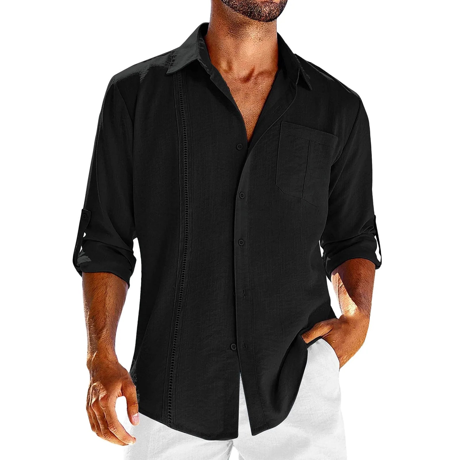 Mens grey casual long sleeve shirt with lace detail on polo collar and chest pocket.