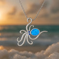 Silver stainless steel octopus opal necklace with geometric inlaid design on box chain