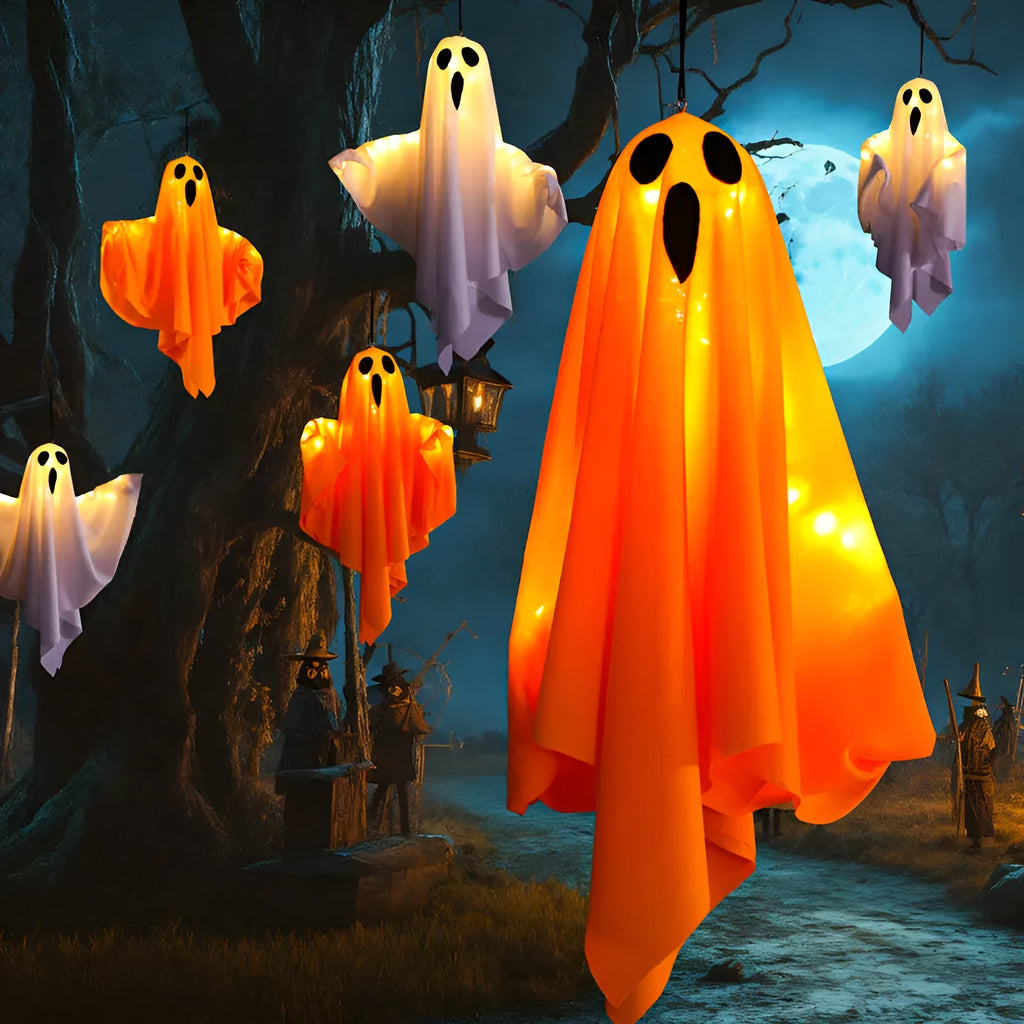 Orange and white cloth ghost light Halloween decoration with 4.5V button electronics