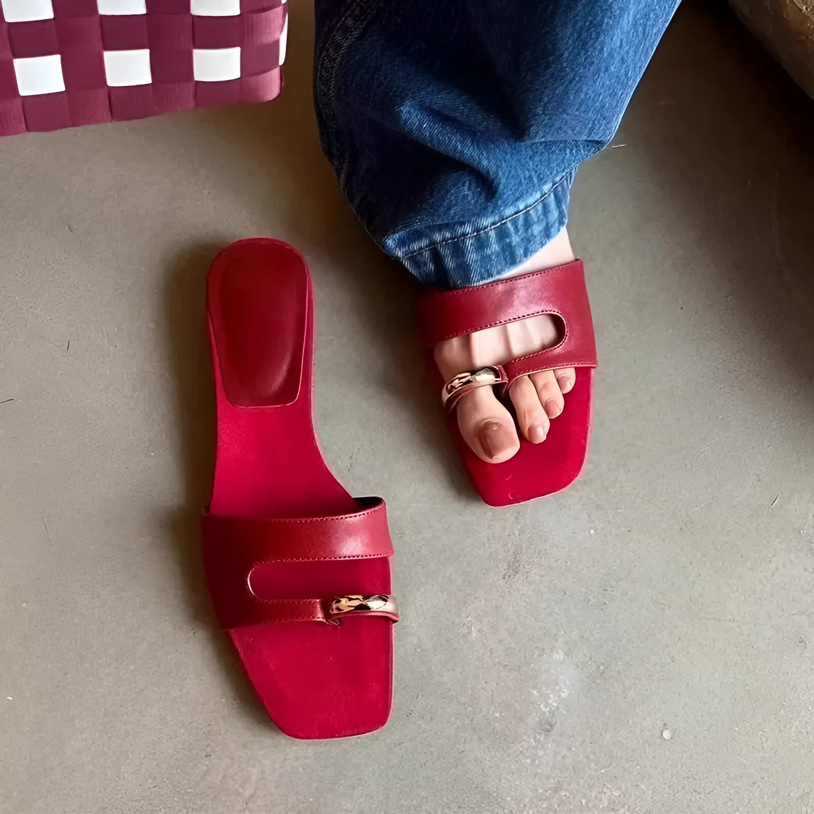 Plus size outdoor leather slippers with square head design in black, red, silver, and white colours