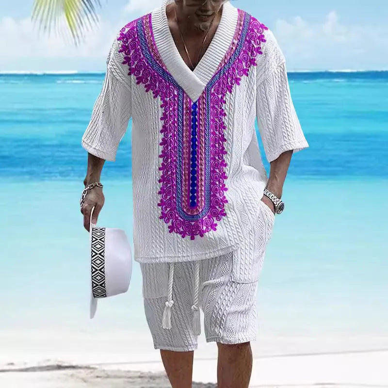 Men's knitted drop-shoulder short-sleeved top and matching shorts set in a printed design