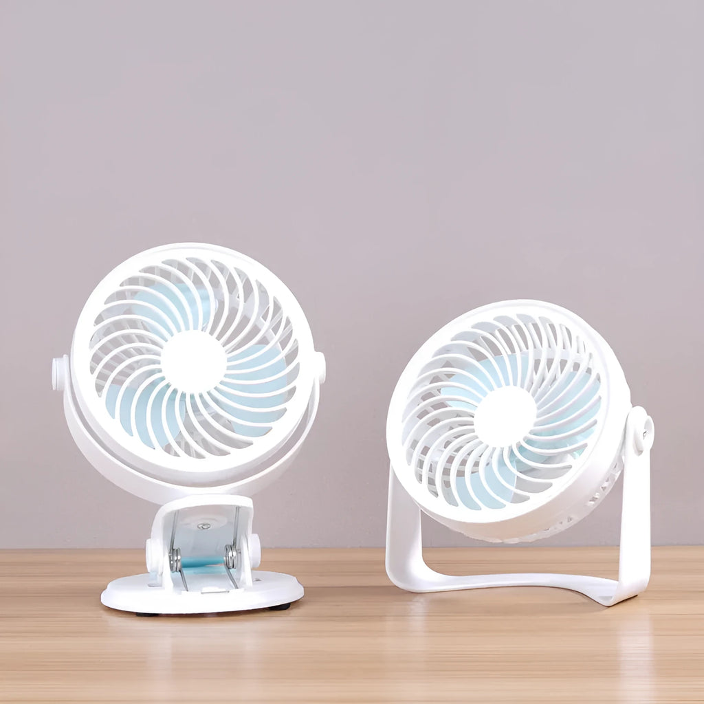 USB-powered quiet student desk fan in clip and floor configurations with brushless motor